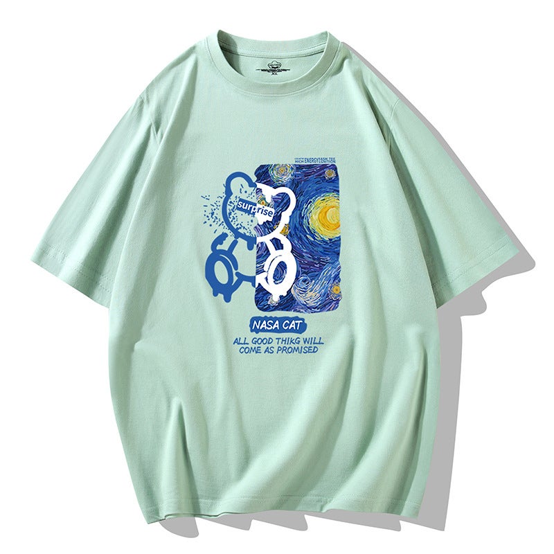 2025 Summer Short-Sleeved T-Shirt For Men, Korean Style Ins Printed Cotton Base Shirt, Trendy Brand Round Neck Half-Sleeve T-Shirt Men'S T-Shirt - Image 1