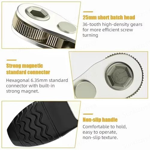 Sunkizzrs® 34-Pcs Ratchet Wrench Screwdriver Bit Set—1/4"(6.35mm)Hex Socket Double-Head Bidirectional Control—Mini Magnetic Ratchet Screw Driver Set with High Torque for Gadgets/Machines (Pocket Size) - Image 5