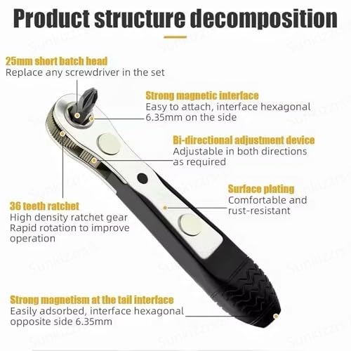 Sunkizzrs® 34-Pcs Ratchet Wrench Screwdriver Bit Set—1/4"(6.35mm)Hex Socket Double-Head Bidirectional Control—Mini Magnetic Ratchet Screw Driver Set with High Torque for Gadgets/Machines (Pocket Size) - Image 4
