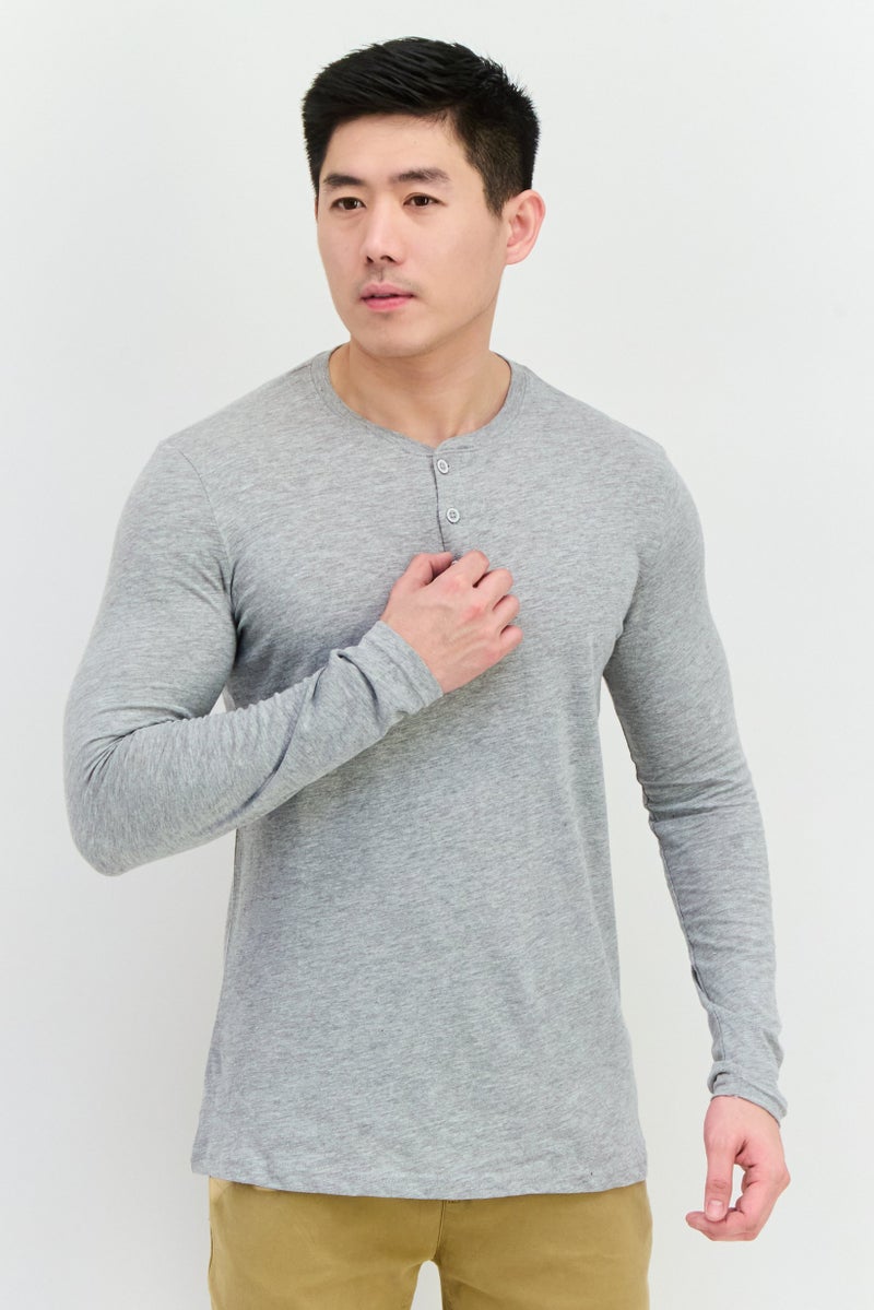 Blue Black Threads Men Henley Neckline Long Sleeves Heather T-Shirts, Grey  - Image 1