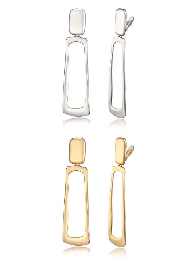 FANZE 2 Pairs Long Dangle Matte Gold Sliver Clip on Earrings for Women No Piercing Fashion Chunky Jewelry Gift for Party Prom Wedding Valentines Chrismas - Image 1