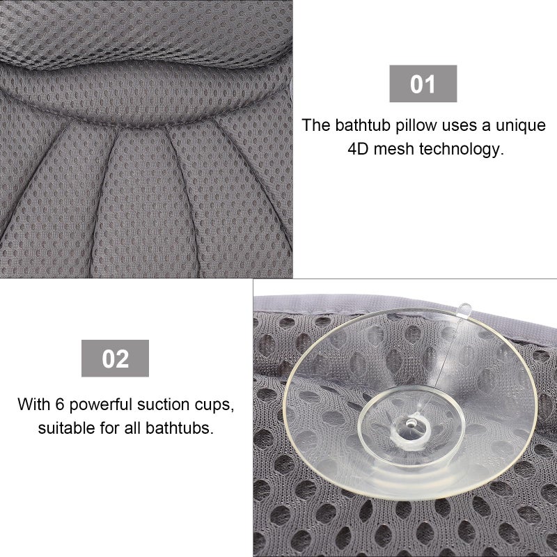 Fish Tail Bath Pillow with 6 Suction Cups 4D Mesh Head Support Cushion for Neck and Back Relaxation Grey - Image 4
