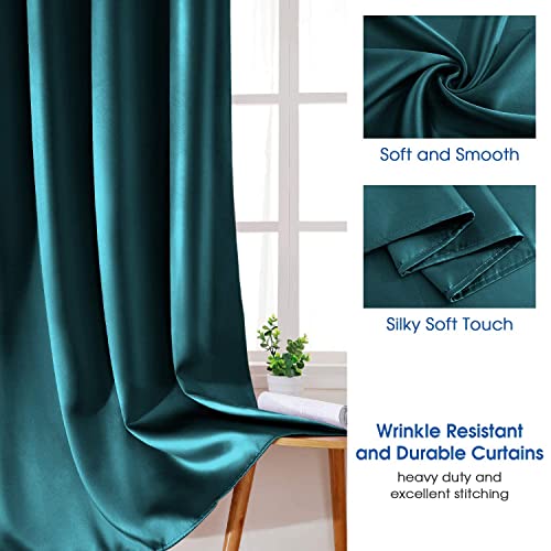 HOMEIDEAS 2 Panels Teal Faux Silk Blackout Curtains, 52 X 108 Inch Room Darkening Satin Thermal Insulated Window Drapes for Bedroom, Indoor, Nursery - Image 2