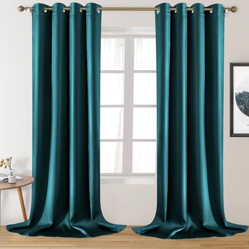 HOMEIDEAS 2 Panels Teal Faux Silk Blackout Curtains, 52 X 108 Inch Room Darkening Satin Thermal Insulated Window Drapes for Bedroom, Indoor, Nursery - Image 1