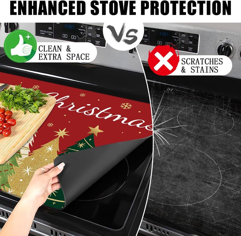 Seimip Merry Christmas trees Stove Top Cover Retro Gas Stove Top Cover for Home Decoration Kitchen Pad Non-Stick Washable Cooktop Covers Countertop Protector Keep Stove Clean Black - Image 3