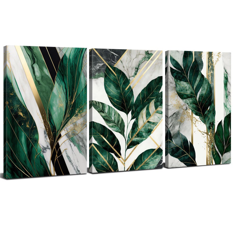 YOOOAHU Botanical Plant Wall Art Emerald Green Wall Decor Bathroom Abstract Tropical Leaf Pictures for Living Room Green Marble Canvas Painting Monstera Sage Posters Boho Artwork Home Decoration 12x16â€ 3P - Image 1