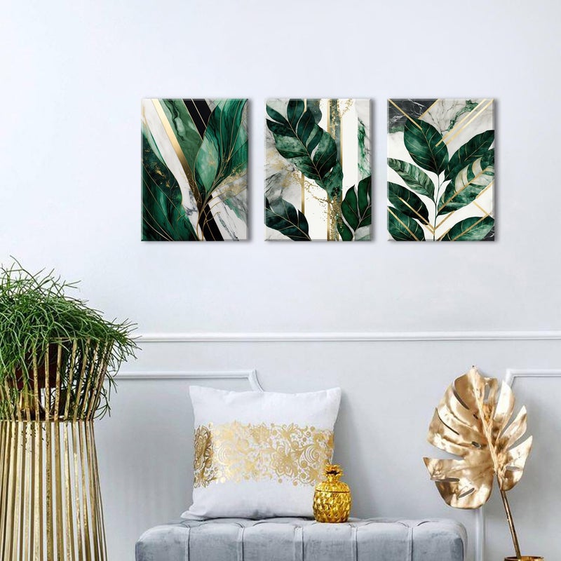 YOOOAHU Botanical Plant Wall Art Emerald Green Wall Decor Bathroom Abstract Tropical Leaf Pictures for Living Room Green Marble Canvas Painting Monstera Sage Posters Boho Artwork Home Decoration 12x16â€ 3P - Image 5