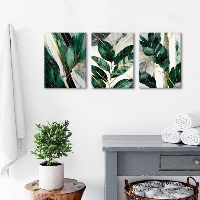 YOOOAHU Botanical Plant Wall Art Emerald Green Wall Decor Bathroom Abstract Tropical Leaf Pictures for Living Room Green Marble Canvas Painting Monstera Sage Posters Boho Artwork Home Decoration 12x16â€ 3P - Image 2