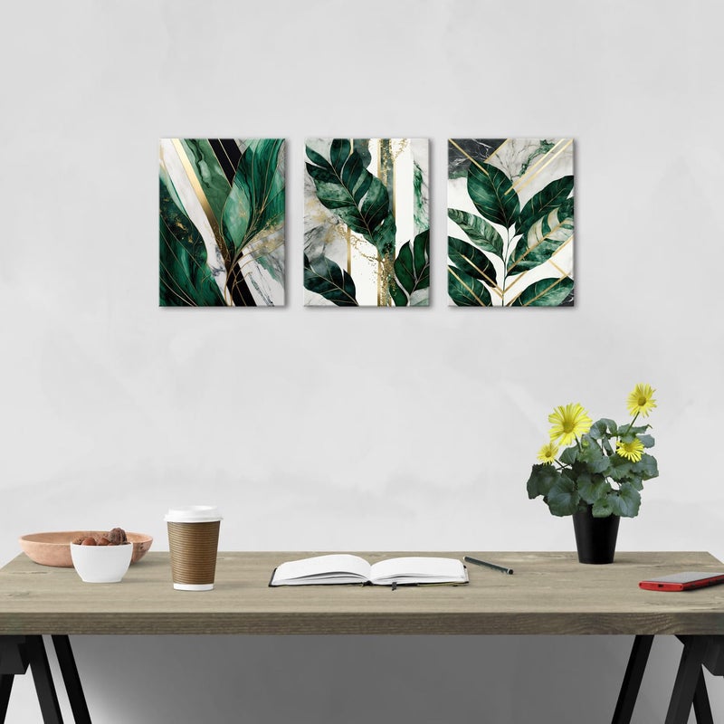 YOOOAHU Botanical Plant Wall Art Emerald Green Wall Decor Bathroom Abstract Tropical Leaf Pictures for Living Room Green Marble Canvas Painting Monstera Sage Posters Boho Artwork Home Decoration 12x16â€ 3P - Image 3