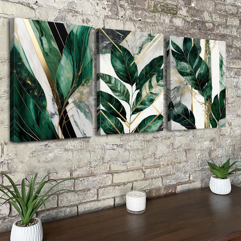 YOOOAHU Botanical Plant Wall Art Emerald Green Wall Decor Bathroom Abstract Tropical Leaf Pictures for Living Room Green Marble Canvas Painting Monstera Sage Posters Boho Artwork Home Decoration 12x16â€ 3P - Image 4