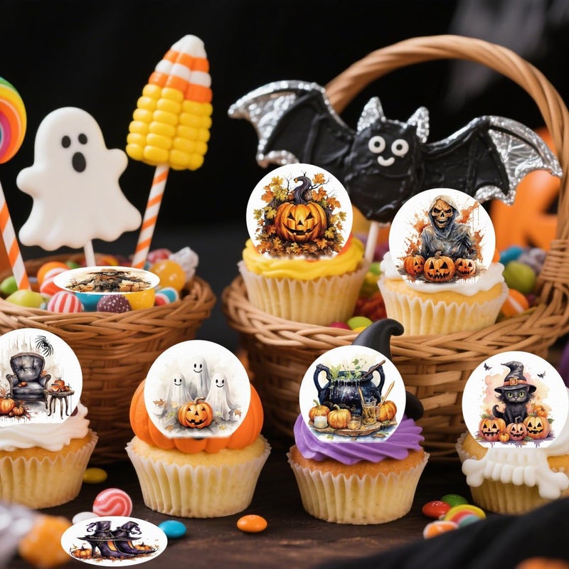 Fyeoxle 36PCS Edible Happy Halloween Cupcake Toppers Wafer Paper Pumpkins Ghost Black Cats Cupcake Picks Skull Cupcake Toppers for Halloween Eve Theme Party Birthday Decor Supplies - Image 3