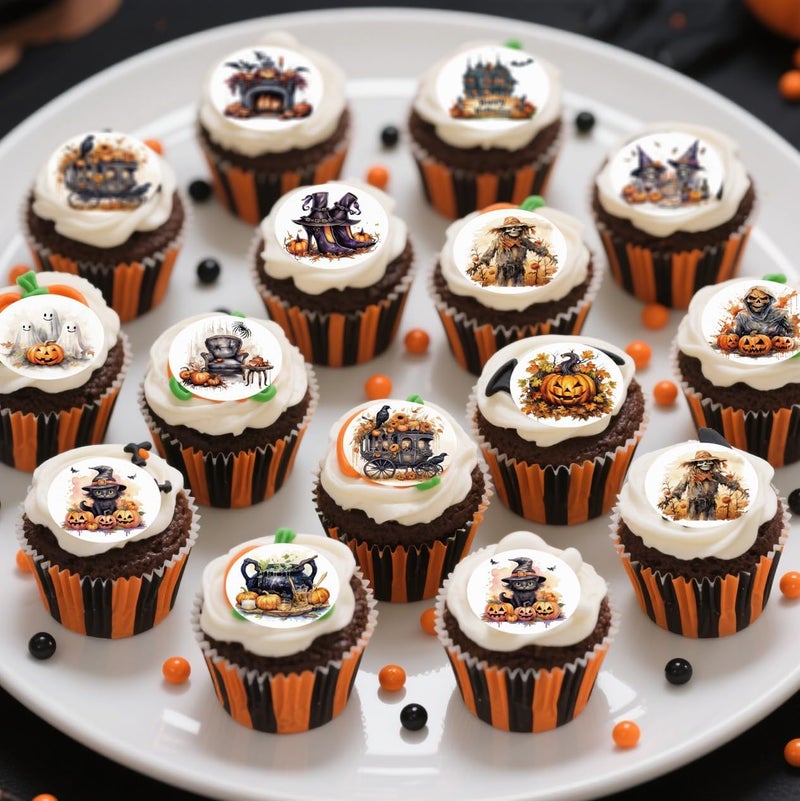 Fyeoxle 36PCS Edible Happy Halloween Cupcake Toppers Wafer Paper Pumpkins Ghost Black Cats Cupcake Picks Skull Cupcake Toppers for Halloween Eve Theme Party Birthday Decor Supplies - Image 5