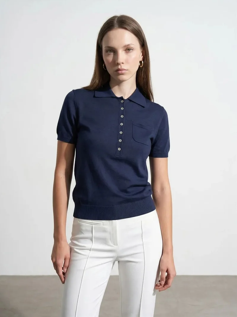 ديلفين DILVIN Slim Fit Polo Collar Knitted Blouse