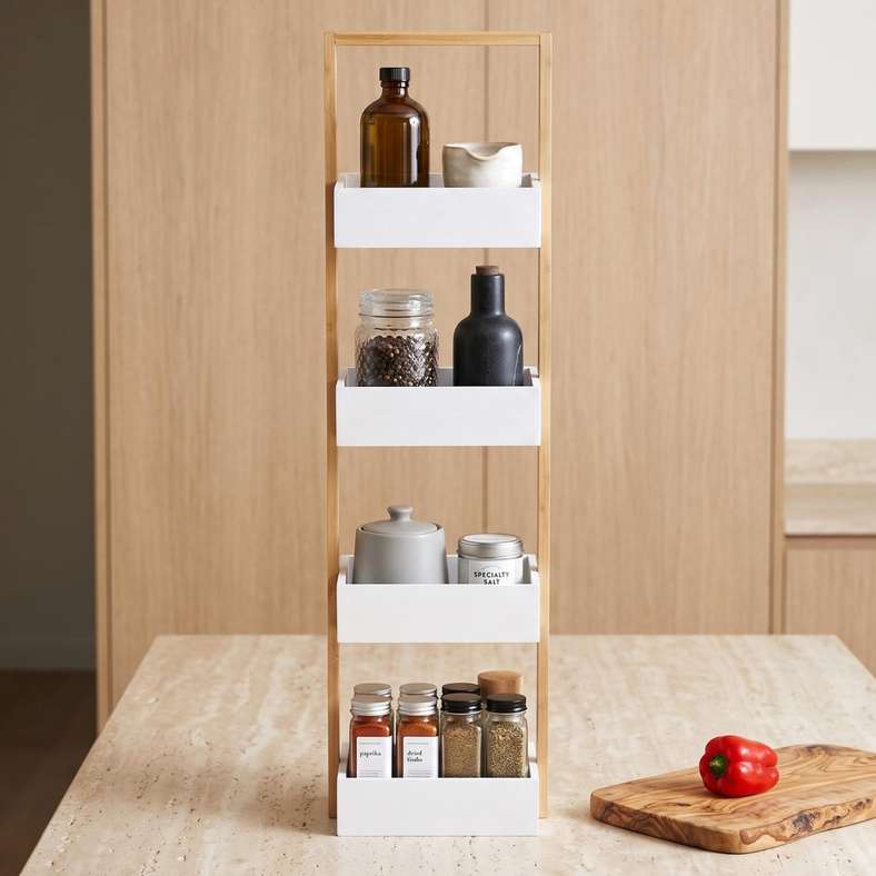 Pan Home Iliad 4 Tier Bamboo Storage Caddy 25x18x90cm - White/Natural - 213MTA9900196 - Image 2
