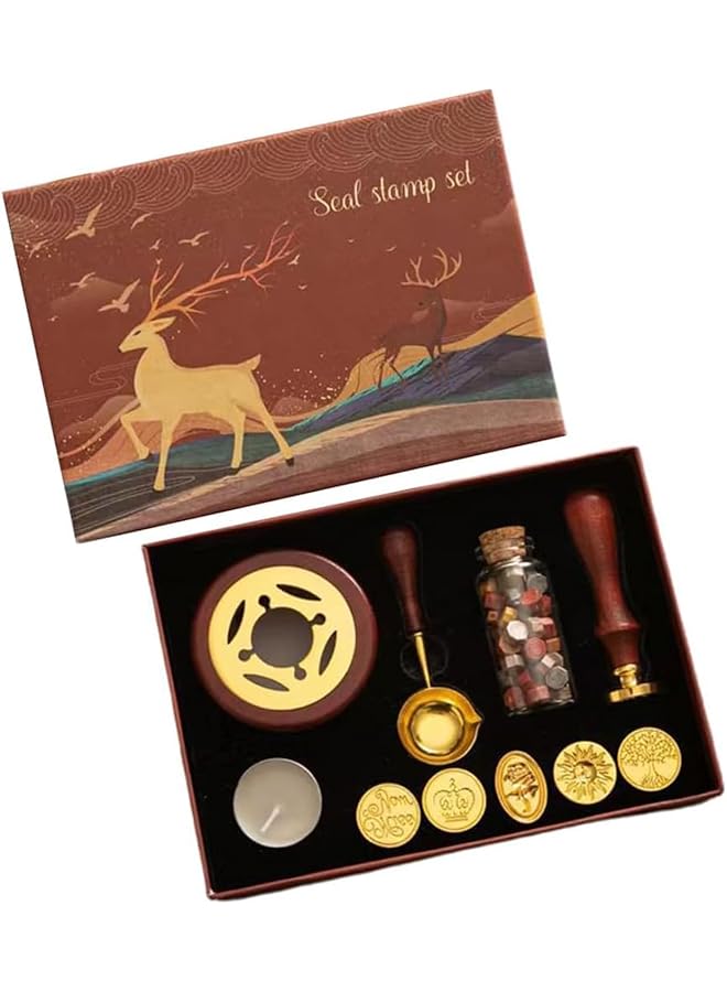 إيروريكس مجموعة ختم شمعية إبداعية عتيقة مطلية بالورنيش، صندوق هدايا، مجموعات ختم شمعية مع حبات شمعية، 6 رؤوس ختم، مقبض خشبي، ملعقة تدفئة ختم شمعية، شموع، مظاريف عتيقة، رسائل، هدايا بريدية - Image 1