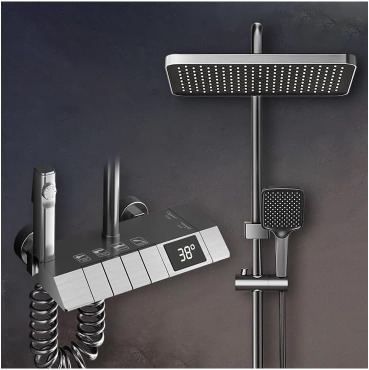 4-Function Gun Gray Shower Faucet Set with Digital Display, Brass Rain Shower Combo, 3-Mode Hand Shower & Bidet Sprayer for Bathroom | Extra Includes 30cm Shower Head Extension Bar - Image 1