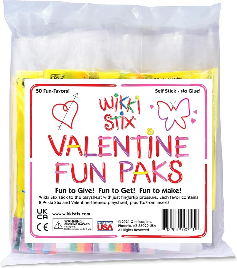 WikkiStix Wikki Stix Valentines Fun Favors 50 Pak Valentines Gifts for Kids and Kids Classroom Gift Bags 50 Individually Packaged Paks each with 8 Wikki Stix and ConnecttheDot Craft Made in USA - Image 1
