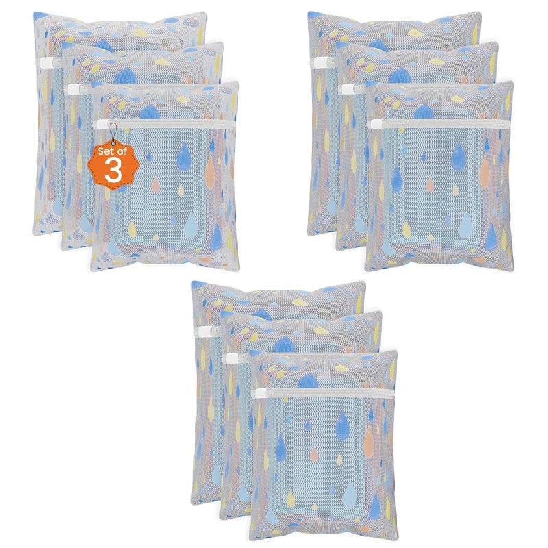 Kuber Industries Set of 9 Polyester Mesh Laundry Bag with Zip Reusable Washing Bags for Washing Machine Ideal for Delicate Fabrics Lingerie Shoes Protection YZ93 Drop Print White - Image 1