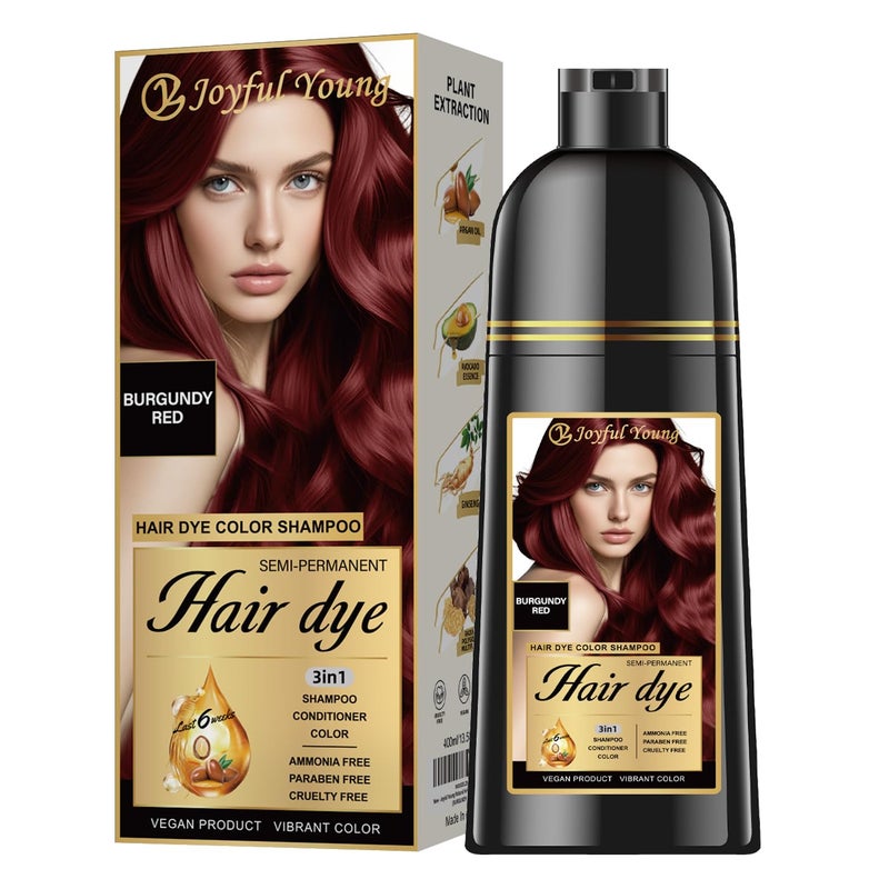 Joyful Young Hair Dye Shampoo 3-in-1, Burgundy Wine Red Semi-Permanent Gray Hair Coverage, Color Depositing Shampoo for Women & Men, Vegan, Ammonia-Free - Image 1