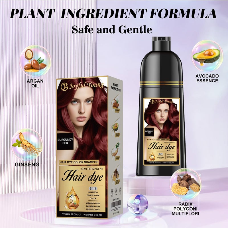 Joyful Young Hair Dye Shampoo 3-in-1, Burgundy Wine Red Semi-Permanent Gray Hair Coverage, Color Depositing Shampoo for Women & Men, Vegan, Ammonia-Free - Image 2