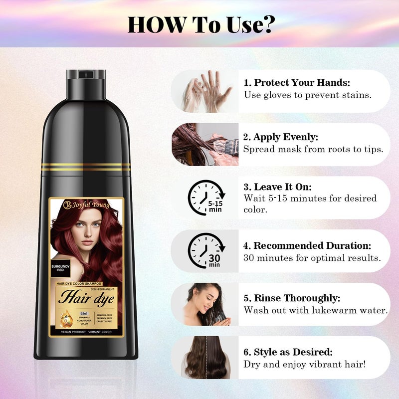 Joyful Young Hair Dye Shampoo 3-in-1, Burgundy Wine Red Semi-Permanent Gray Hair Coverage, Color Depositing Shampoo for Women & Men, Vegan, Ammonia-Free - Image 4