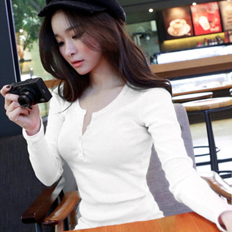 Carefully Selected 2025 Autum Button Pure Color Long-Sleeved T-Shirt Women's Fit Korean Top Bottoming Shirt Outer Wear Cross-Border Trbottom - Image 5