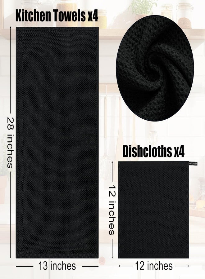 Kitinjoy 100% Cotton Kitchen Towels and Dishcloths Set, 8 Pack-13" x 28" and 12" x 12" Waffle Weave Dish Towels, Ultra Soft Absorbent Quick Drying Dish Rags, Black - Image 3