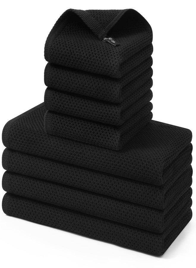 Kitinjoy 100% Cotton Kitchen Towels and Dishcloths Set, 8 Pack-13" x 28" and 12" x 12" Waffle Weave Dish Towels, Ultra Soft Absorbent Quick Drying Dish Rags, Black - Image 1