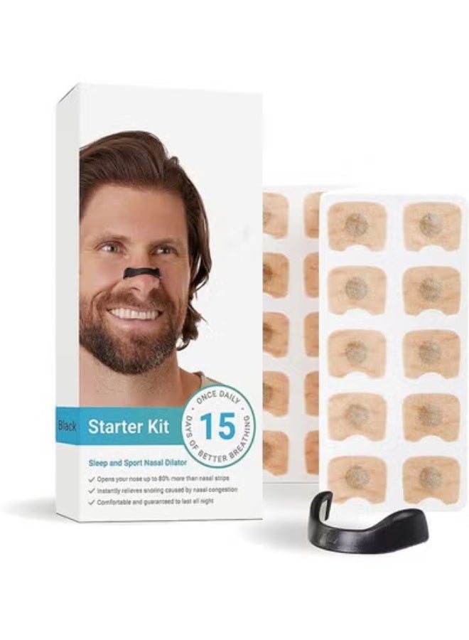 مجموعة أدوات بدء شرائط الأنف للتنفس (15 قطعة، أسود) - تعزيز كمية الأكسجين، وتقليل الشخير، وتحسين جودة النوم - مقاومة للعرق، وشرائط أنف آمنة للبشرة - حل للشخير بقوة إضافية - Image 1
