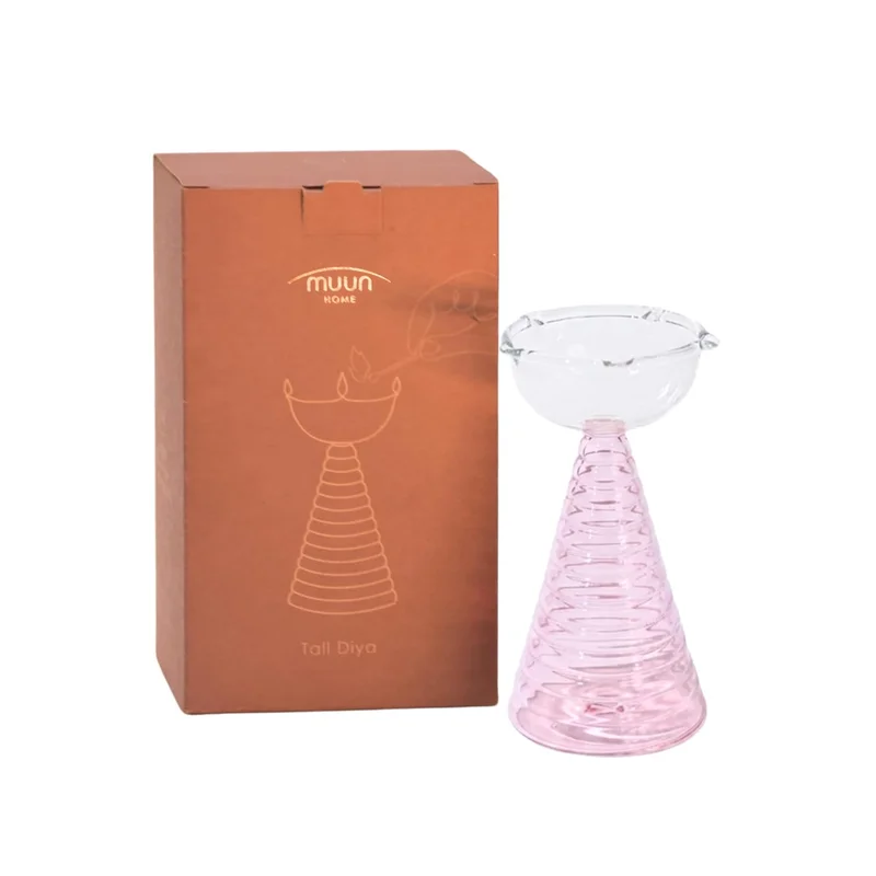 Muun Home Muun Home Tall Pink Glass Diya for Pooja Room & Mandir | Decorative Oil Lamp for Diwali Decoration, Wedding, Housewarming & Festive Home Decor