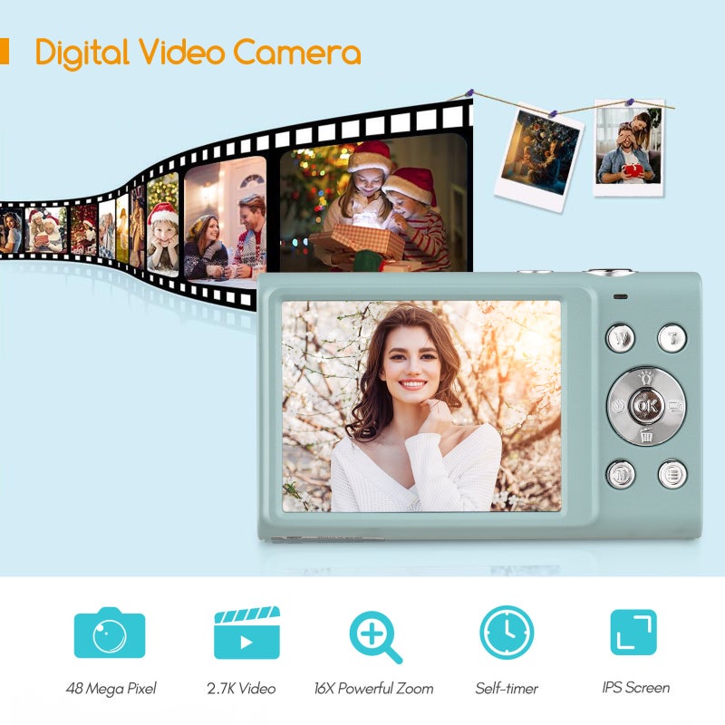 Kids Digital Camera: Green 48MP Photo 2.7K Video - 16X Digital Zoom 2.88 Inch IPS Screen Compact Multi-function Camera for Kids, Teens, Daily Life Recording - Image 5