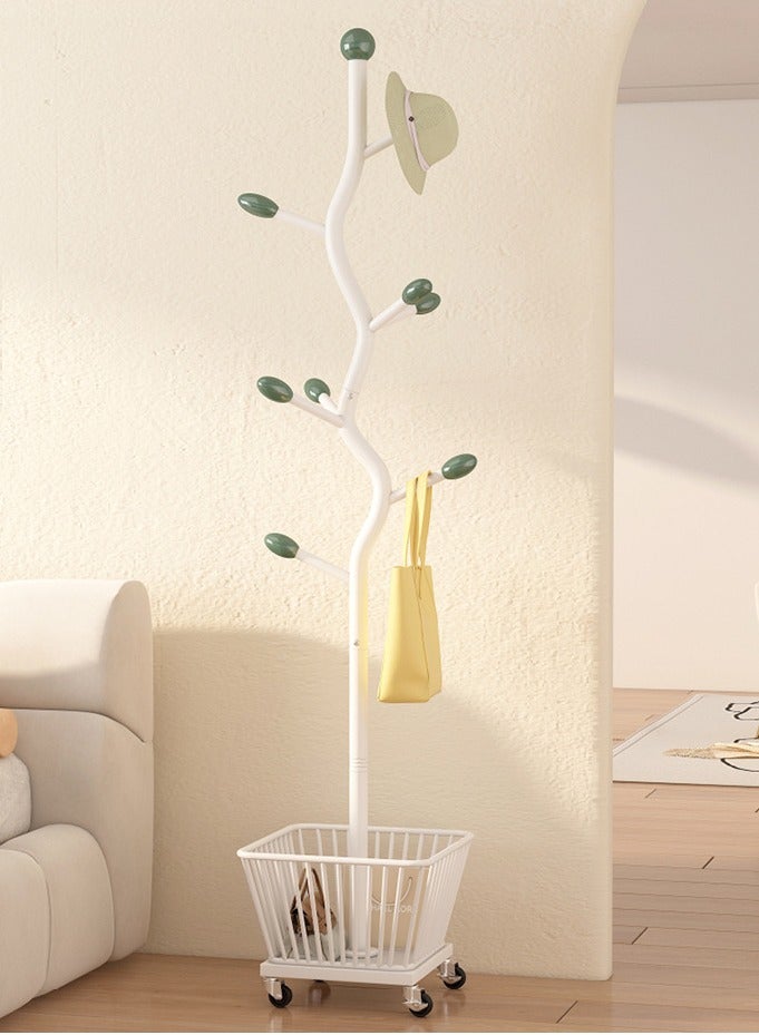 XiuWoo Metal Clothing Rack with Wheels, Rolling Freestanding Coat Rack Modern Organizer for Scarf Jacket Hat Bags, Garment Rack with Basket for Home Entryway Bedroom Corner - Image 1