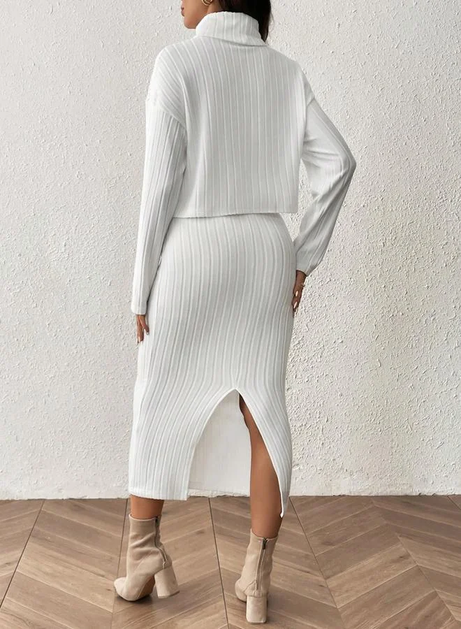 Take Two  Women High Neck Top and Adjustable Elastic Skirt Maternity Ribbed Set for Women | Best Price UAE
