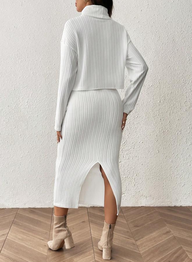 Take Two Women High Neck Top and Adjustable Elastic Skirt Maternity Ribbed Set - Image 3