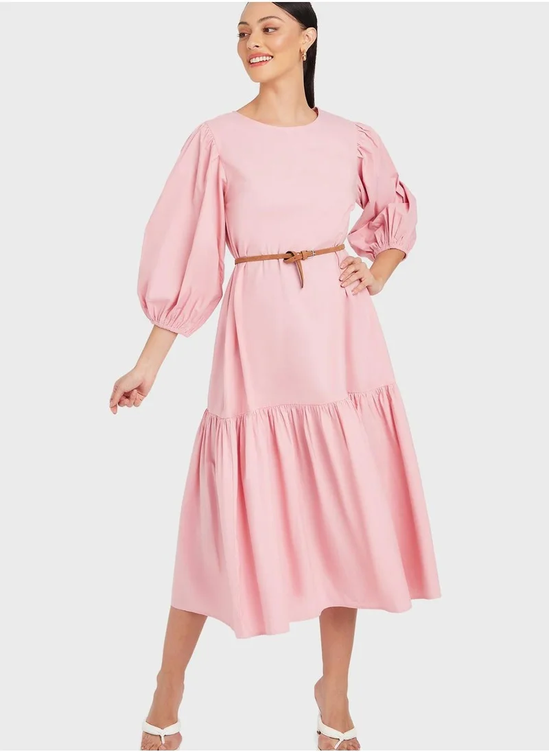 Styli Puff Sleeve Tie Detail Dress