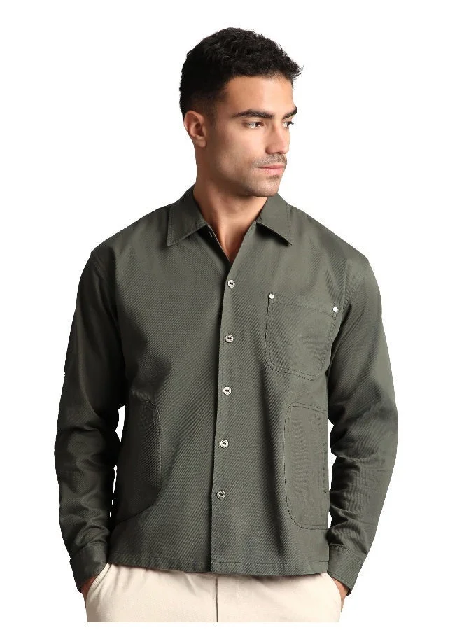 Beyoung Grey Solid Multipocket Shacket