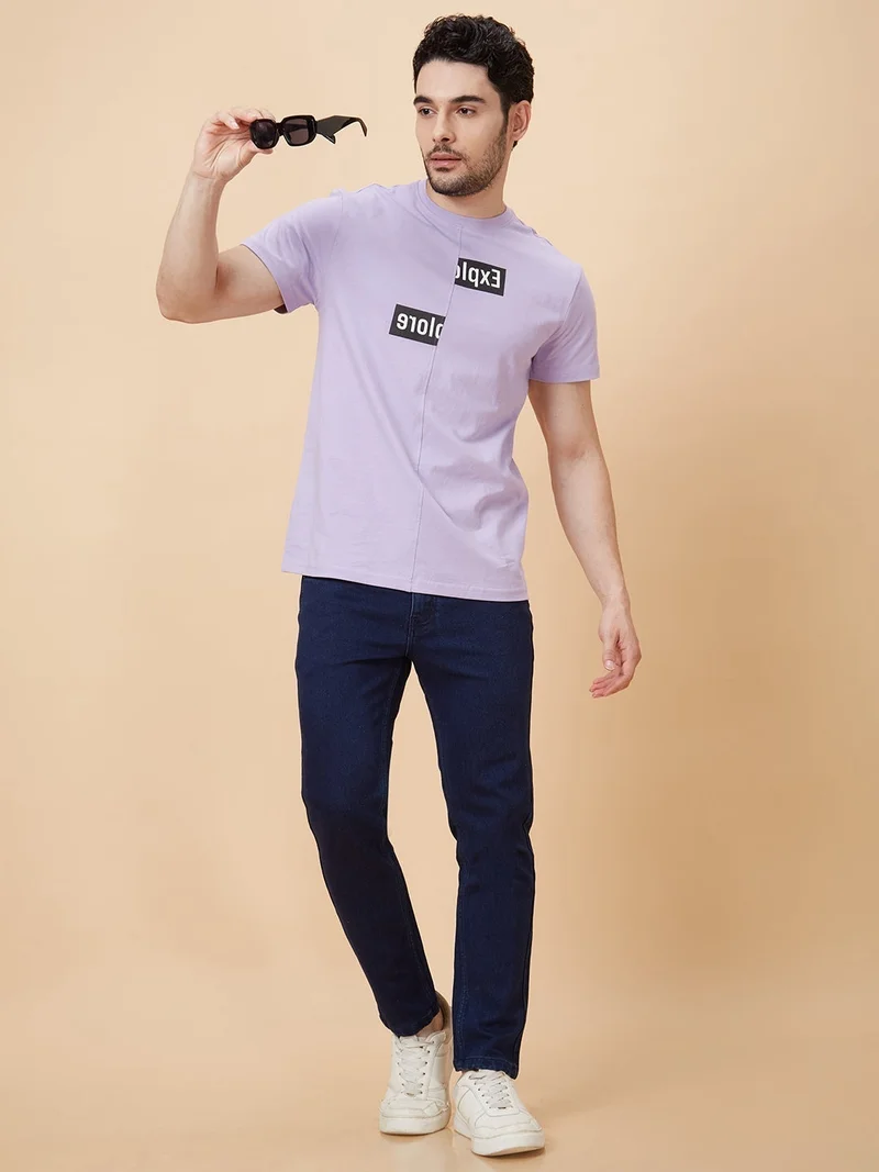 globus Globus Men Lavender Printed Cotton Regular Fit Casual T-shirt