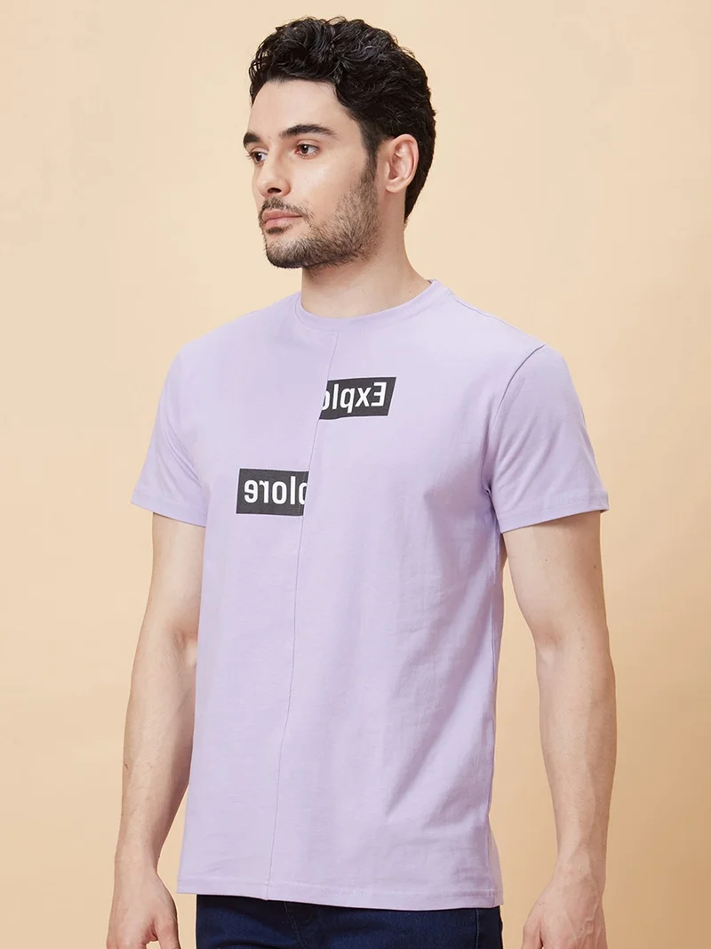 globus Globus Men Lavender Printed Cotton Regular Fit Casual T-shirt
