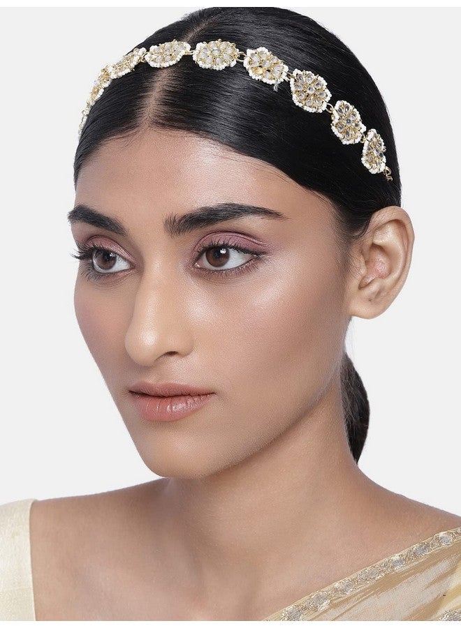 Peora Gold Plated Traditional Floral Kundan Brass Alloy Pearl Studded Rajasthani Sheeshpatti Sheeshphool Mathapatti for Women - Image 2