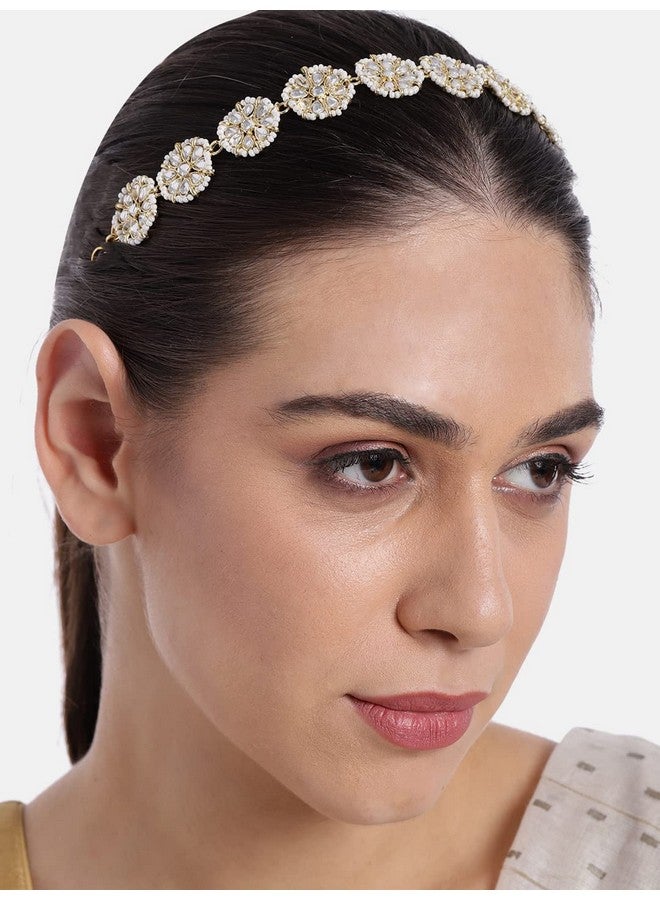 Peora Gold Plated Traditional Floral Kundan Brass Alloy Pearl Studded Rajasthani Sheeshpatti Sheeshphool Mathapatti for Women - Image 3