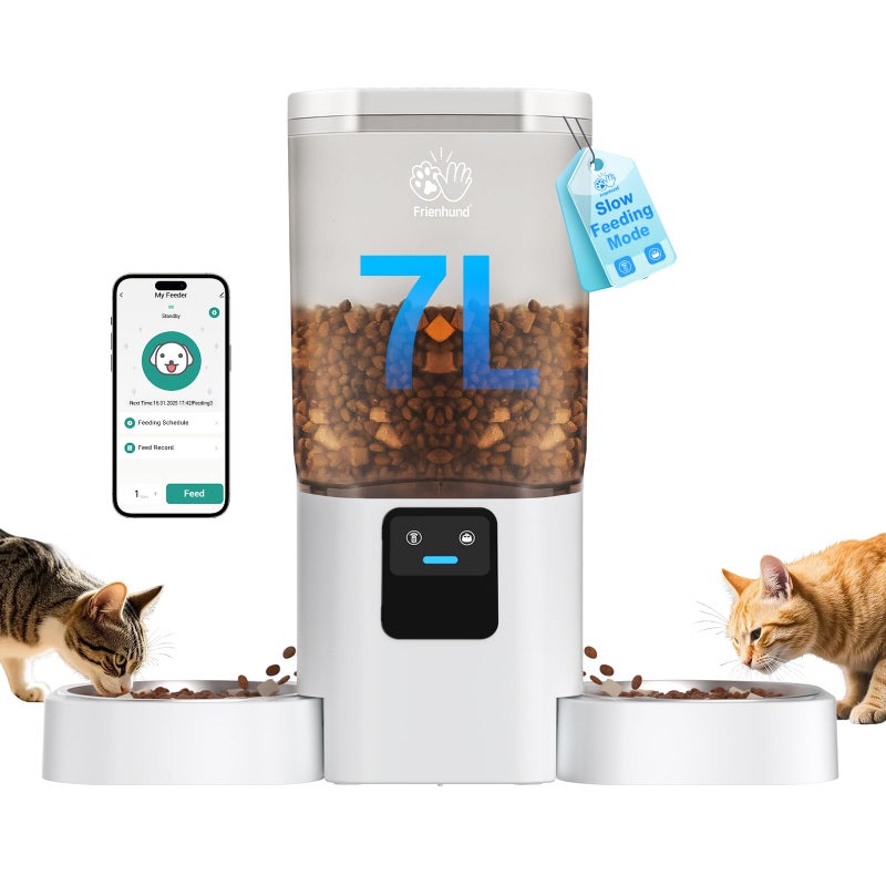 Frienhund Automatic Cat Feeder 2 Cats with Slow Feed: Dual Automatic Dog Feeder with 5G WiFi, Cat Food Dispenser with APP Control for Multiple Pets, Detachable for Easy Clean, Double Pet Bowl - 29 Cup - Image 1