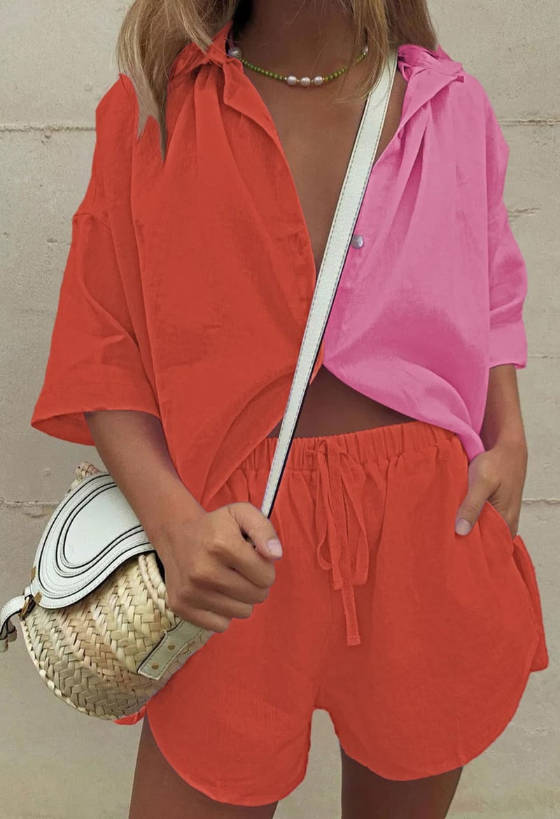 Fixmatti Women Summer Short Sets 2 Piece Colorblock Outfits Buttons Short Sleeve Sweatsuit Red L - Image 3
