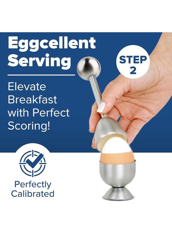 أكواب بيض للبيض المسلوق مع ملاعق - حامل بيض مسلوق ومجموعة أدوات تكسير البيض - مقبض من الفولاذ المقاوم للصدأ وفتاحة بيض وقاطع (اللون: فضي) - Image 3