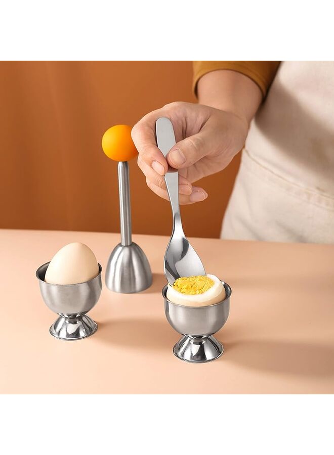 أكواب بيض للبيض المسلوق مع ملاعق - حامل بيض مسلوق ومجموعة أدوات تكسير البيض - مقبض من الفولاذ المقاوم للصدأ وفتاحة بيض وقاطع (اللون: فضي) - Image 5