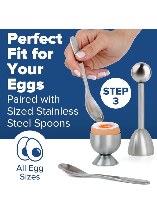 أكواب بيض للبيض المسلوق مع ملاعق - حامل بيض مسلوق ومجموعة أدوات تكسير البيض - مقبض من الفولاذ المقاوم للصدأ وفتاحة بيض وقاطع (اللون: فضي) - Image 4