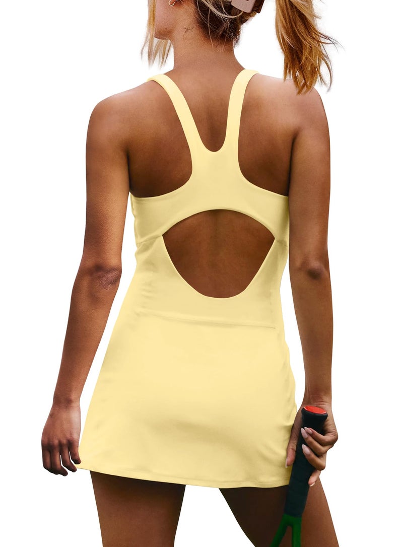Yanekop Womens Tennis Dress with Built in Shorts Golf Dress Athletic Outfits Yoga Active Workout Dresses(Lemon Yellow,S) - Image 5