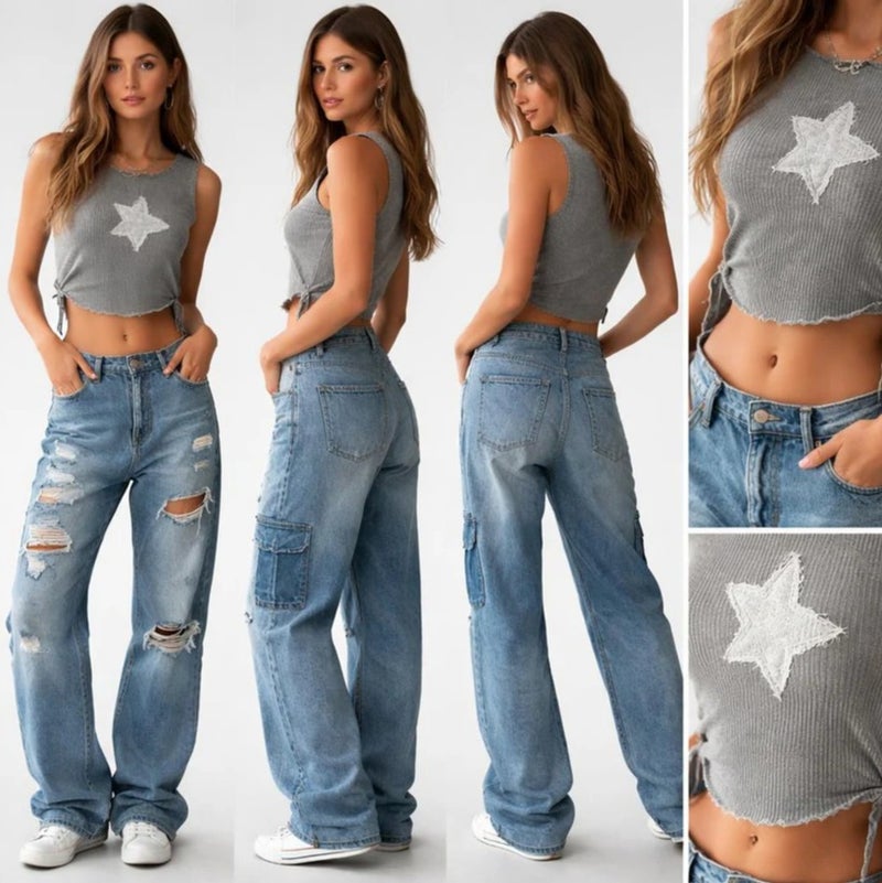 Women's Light Blue Distressed Baggy Jeans with Cargo Pockets and Ripped Detail - Relaxed Fit