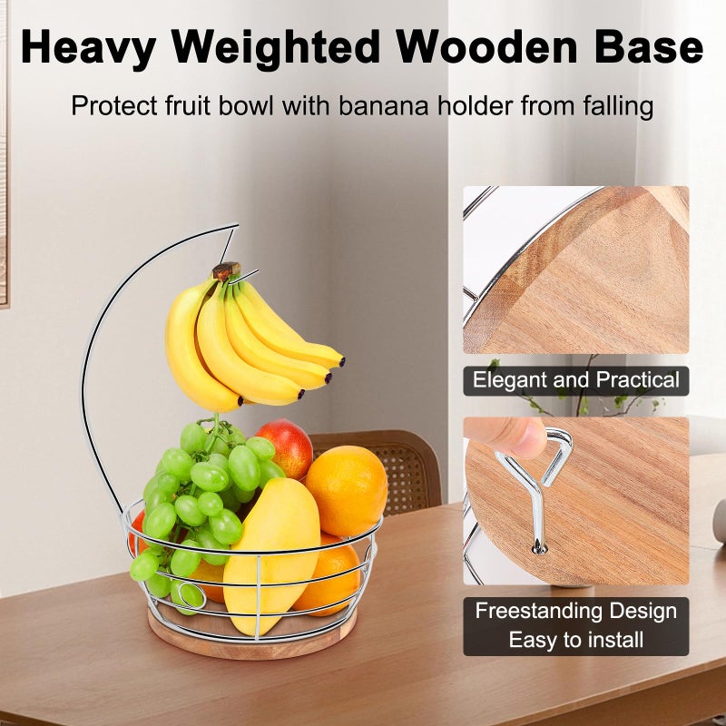 Livabber Countertop Fruit Basket Bowl with Banana Hanger, Modern Standing Fruit Vegetable Bowl Storage, with Banana Tree Holder for Kitchen Dinning Table (Round Wood, Chrome) - Image 5