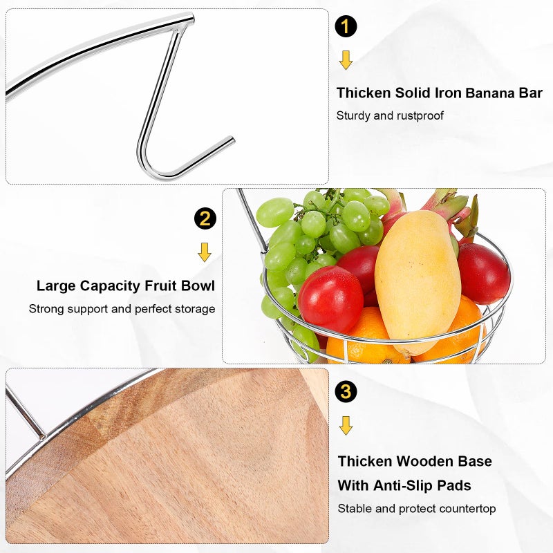 Livabber Countertop Fruit Basket Bowl with Banana Hanger, Modern Standing Fruit Vegetable Bowl Storage, with Banana Tree Holder for Kitchen Dinning Table (Round Wood, Chrome) - Image 4