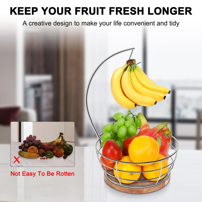 Livabber Countertop Fruit Basket Bowl with Banana Hanger, Modern Standing Fruit Vegetable Bowl Storage, with Banana Tree Holder for Kitchen Dinning Table (Round Wood, Chrome) - Image 3